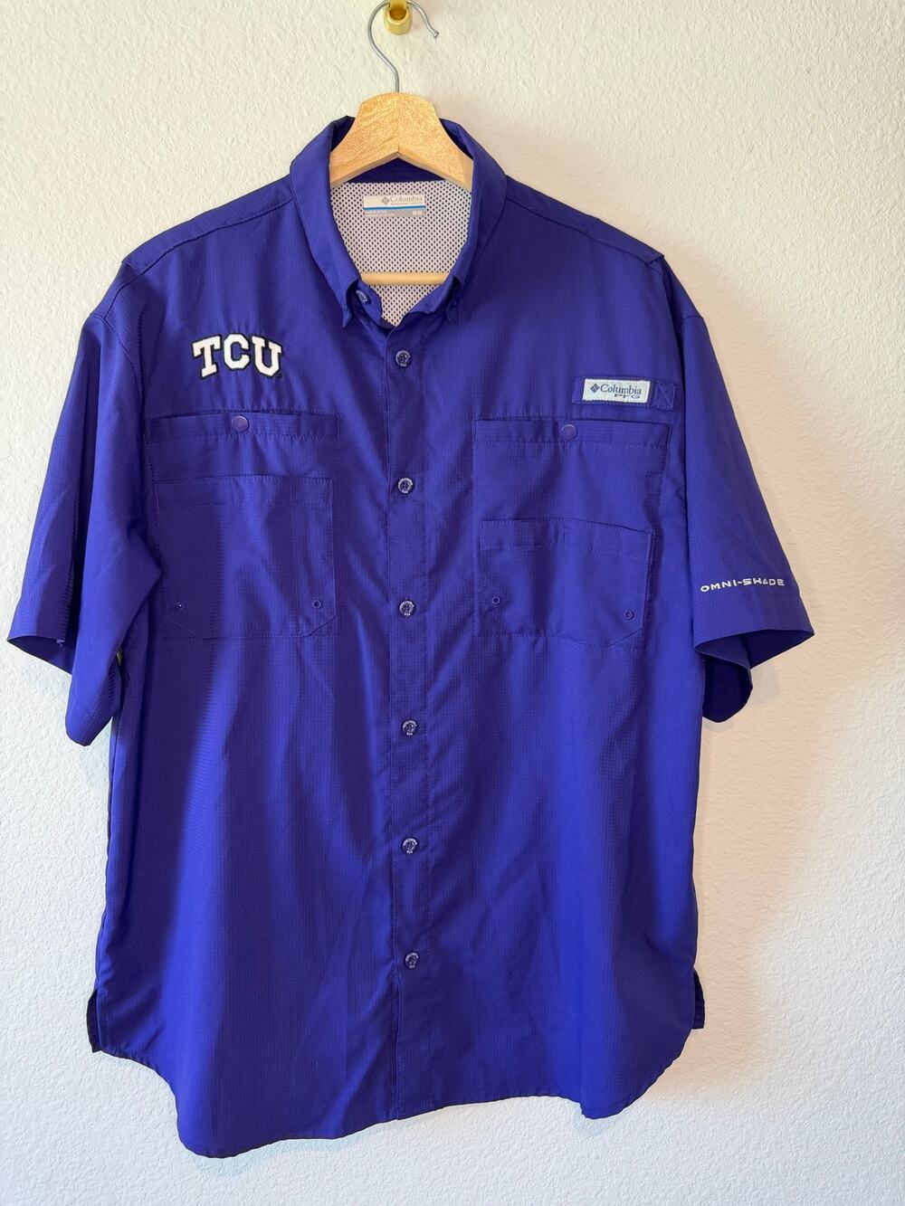 Columbia PFG TCU Horned Frogs Purple Tamiami Fishing Shirt Men's Medium M